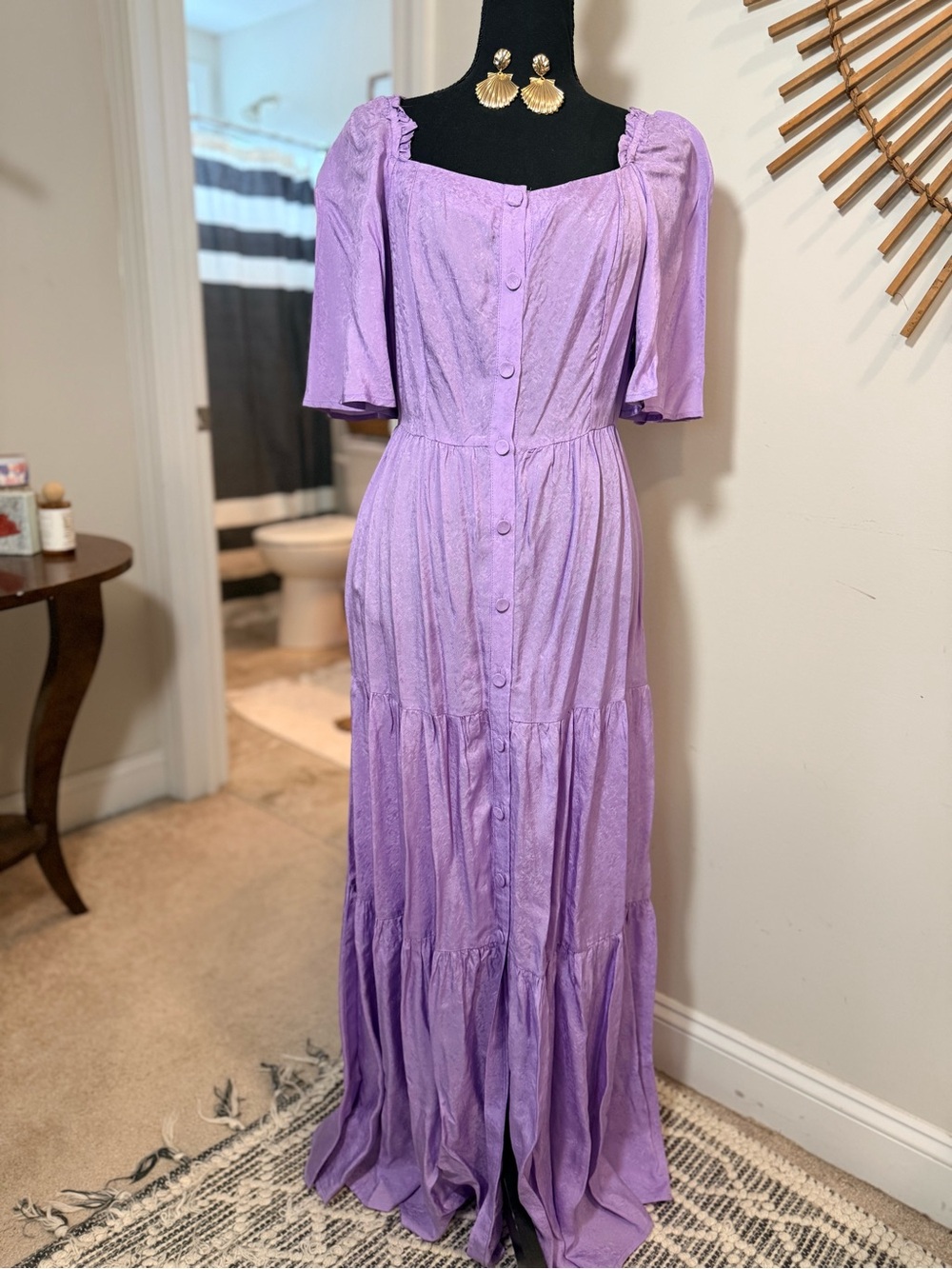 FRNCH Lilac Button-Front Tiered Maxi Dress Tie Back Wedding Guest Shower Spring